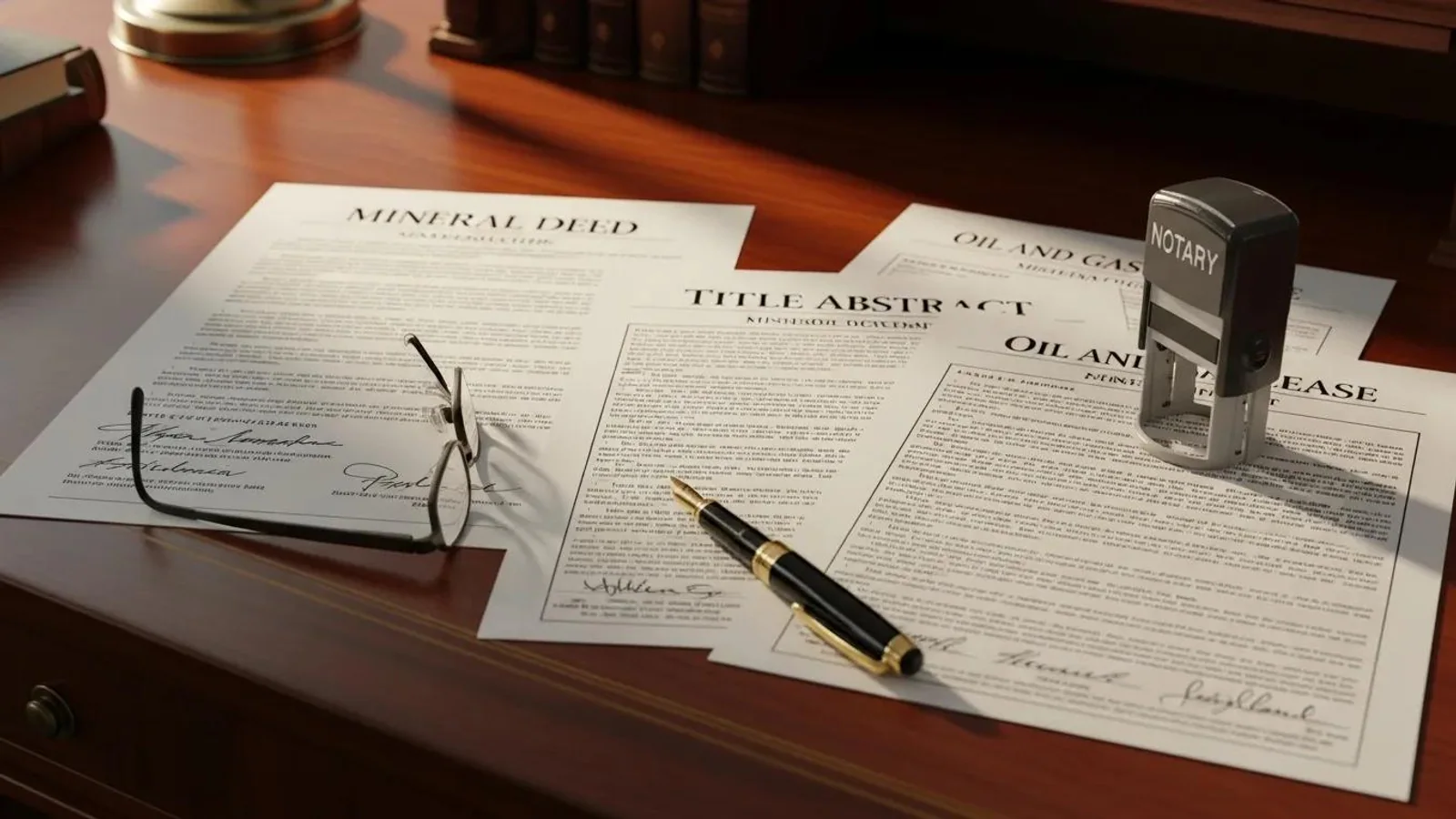 Organized mineral deeds, lease records, royalty documents, and a county map arranged for review.