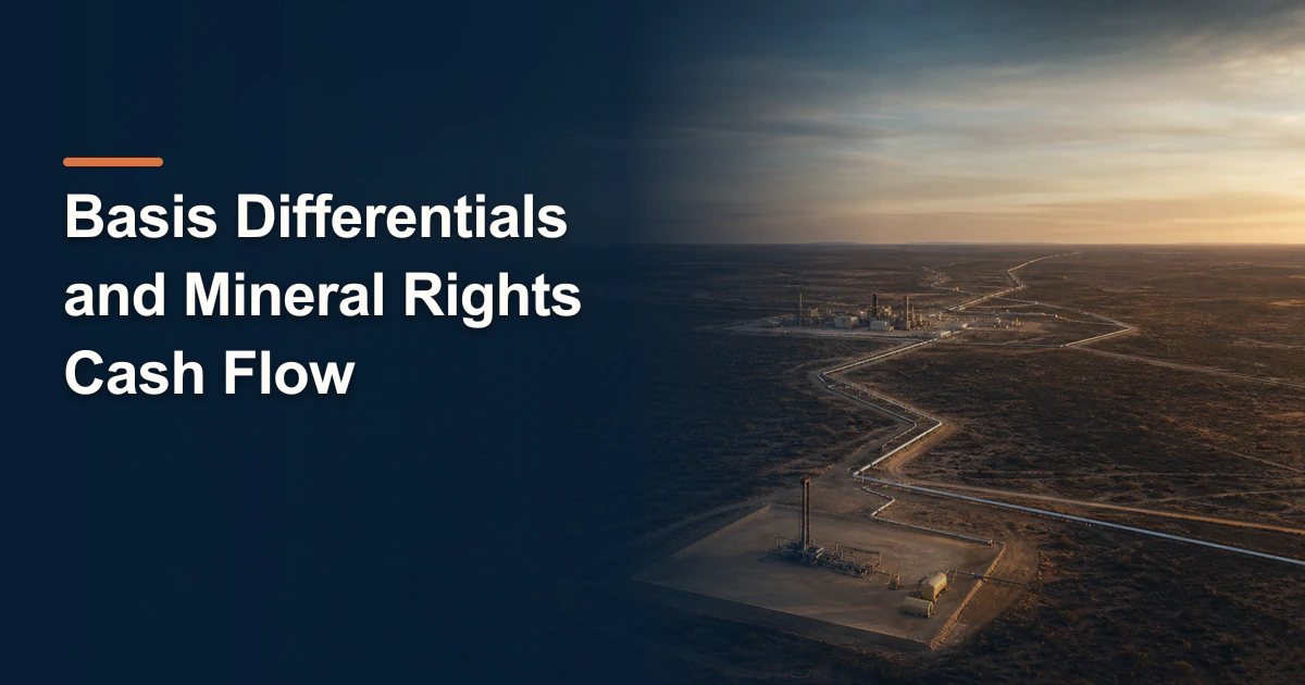 West Texas energy infrastructure with the title “Basis Differentials and Mineral Rights Cash Flow”.
