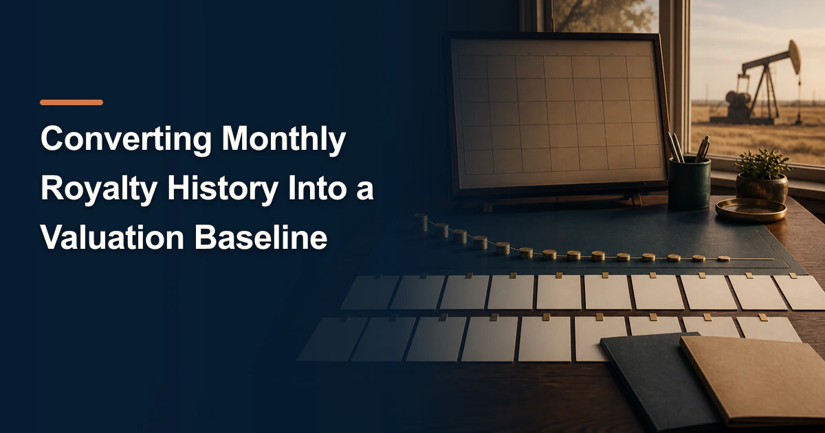 Royalty-history workspace titled “Converting Monthly Royalty History Into a Valuation Baseline”.