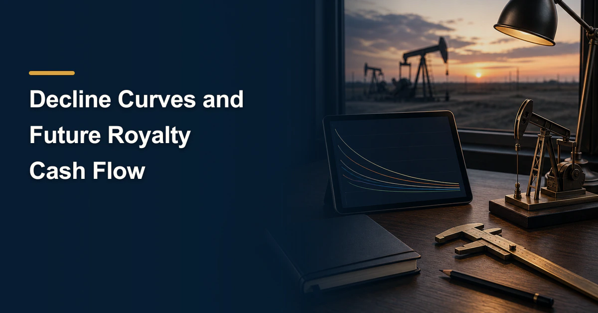 Petroleum-analysis workspace titled “Decline Curves and Future Royalty Cash Flow”.