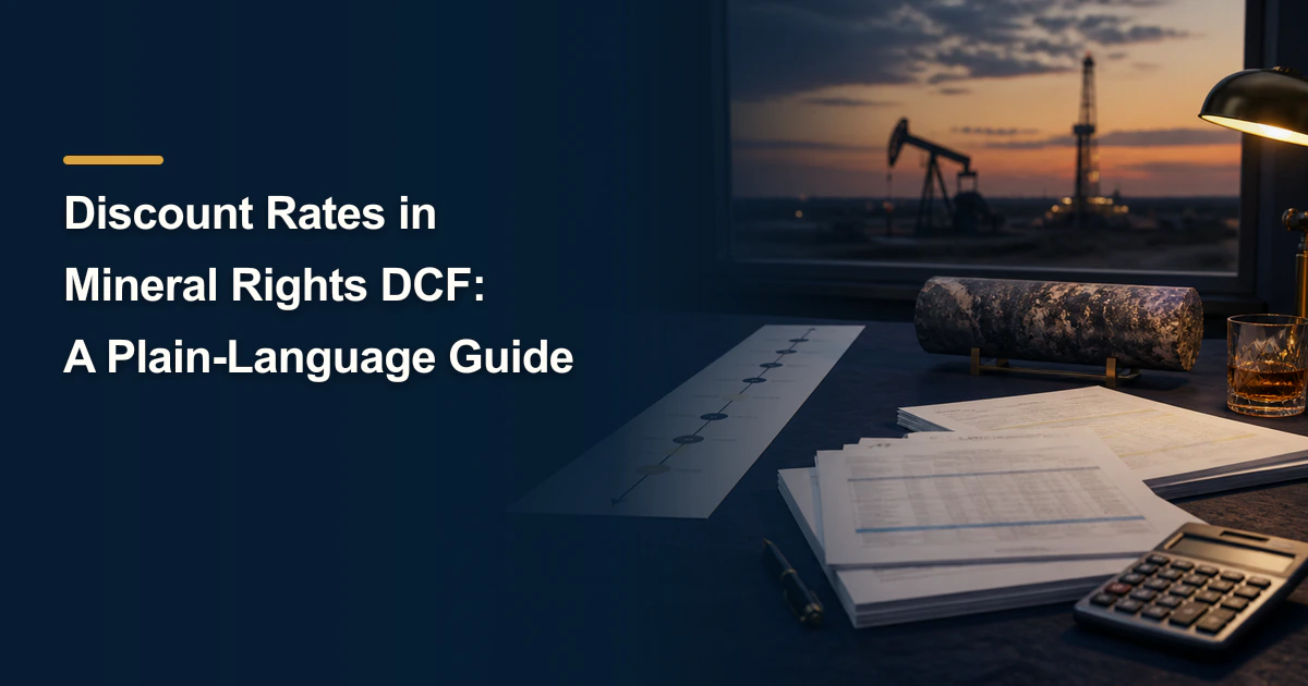 Mineral-valuation workspace titled “Discount Rates in Mineral Rights DCF: A Plain-Language Guide”.