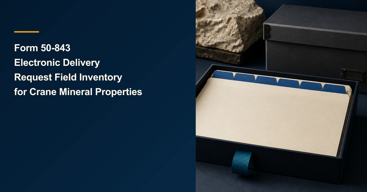 Form 50-843 cover with tabbed folders in a black file box