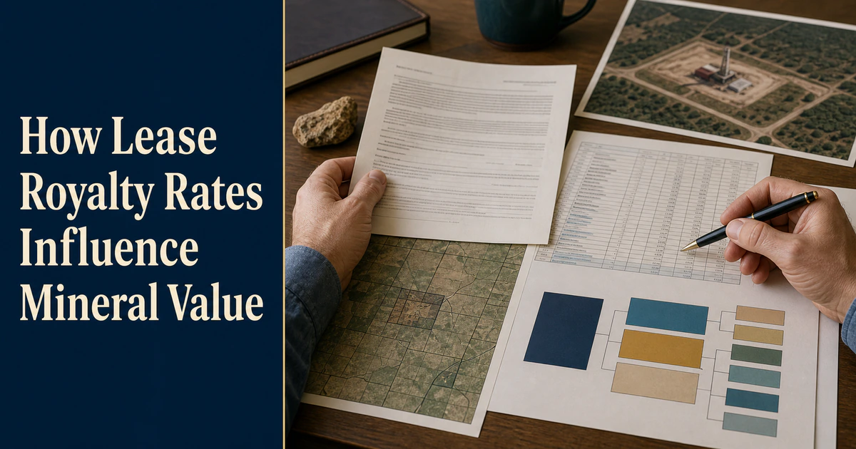 A land professional reviews lease evidence beside the title “How Lease Royalty Rates Influence Mineral Value”.