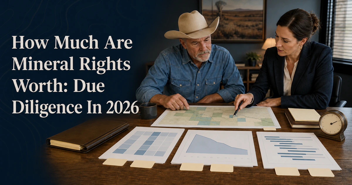 An owner audits dated evidence beside “How Much Are Mineral Rights Worth: Due Diligence In 2026”.