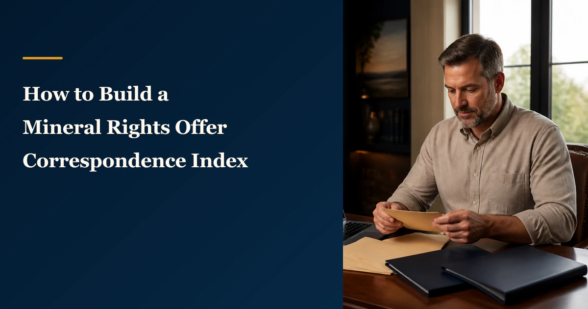 A mineral owner organizes envelopes beside “How to Build a Mineral Rights Offer Correspondence Index”.