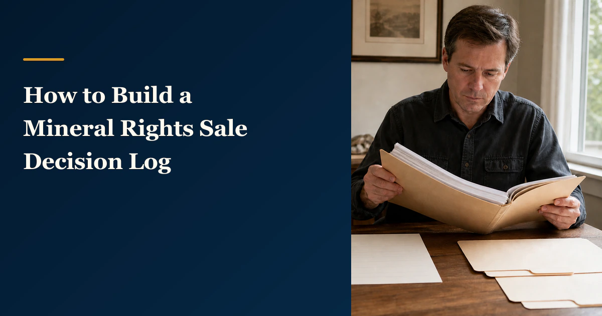 A mineral owner reviews an organized folder beside “How to Build a Mineral Rights Sale Decision Log”.