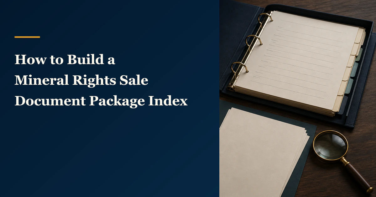 An open document binder and page stack appear beside “How to Build a Mineral Rights Sale Document Package Index”.