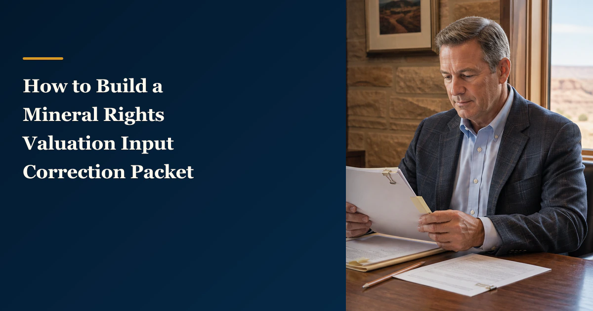 An owner reviews blank correction cards beside “How to Build a Mineral Rights Valuation Input Correction Packet”.