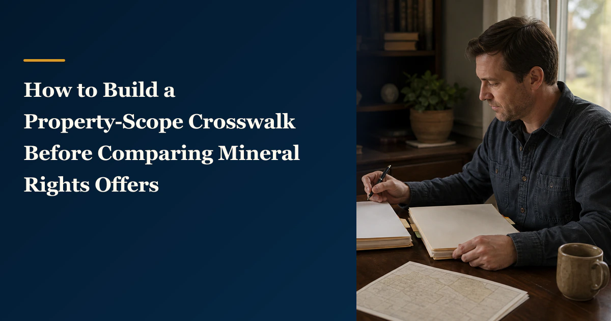 A mineral owner compares documents beside “How to Build a Property-Scope Crosswalk Before Comparing Mineral Rights Offers”.
