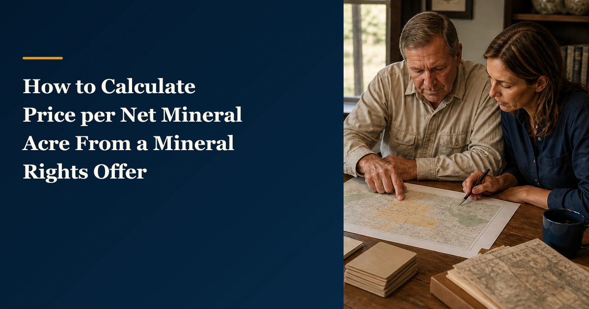 Two people study a tract map beside “How to Calculate Price per Net Mineral Acre From a Mineral Rights Offer”.