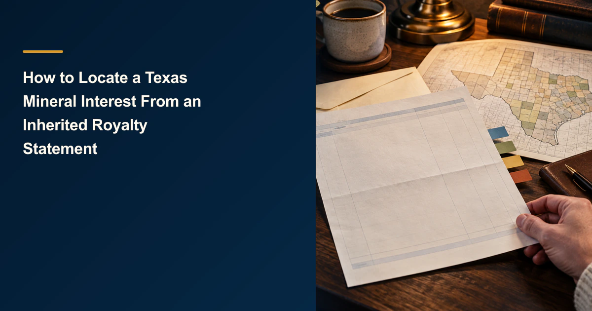 Inherited royalty cover with a tabbed statement and Texas map