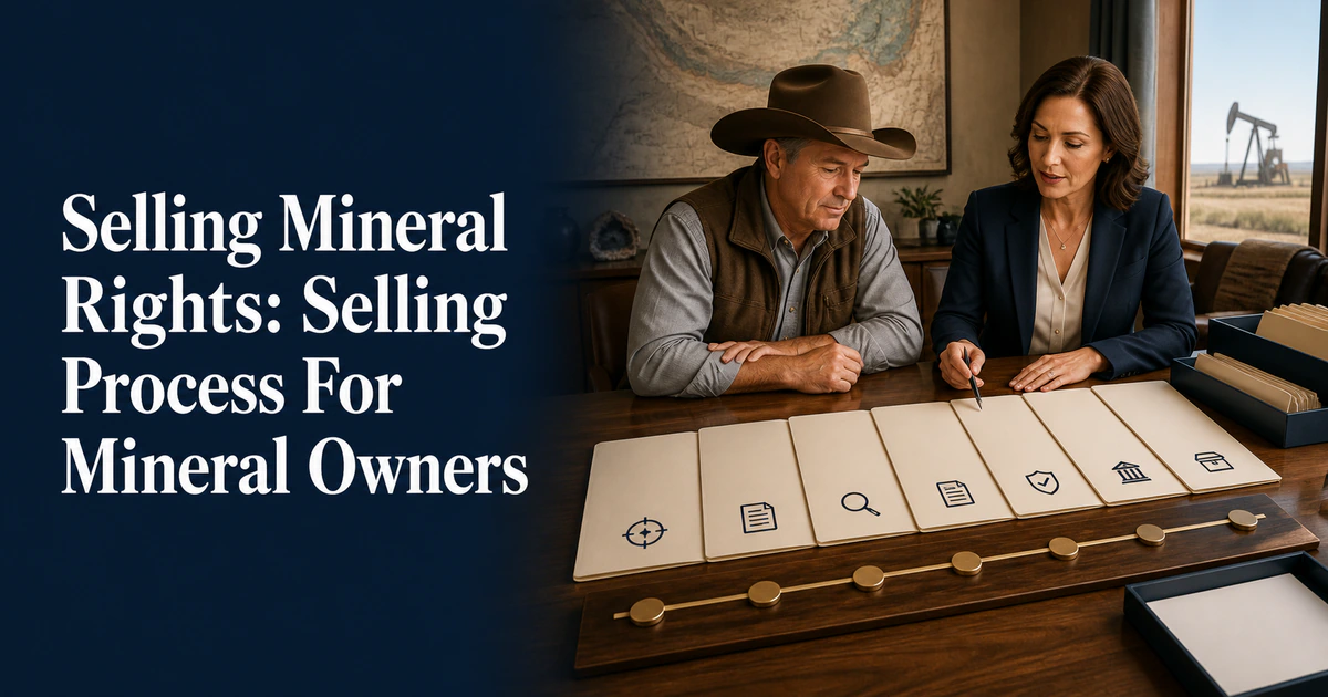 A mineral owner reviews transaction handoffs beside “Selling Mineral Rights: Selling Process For Mineral Owners”.