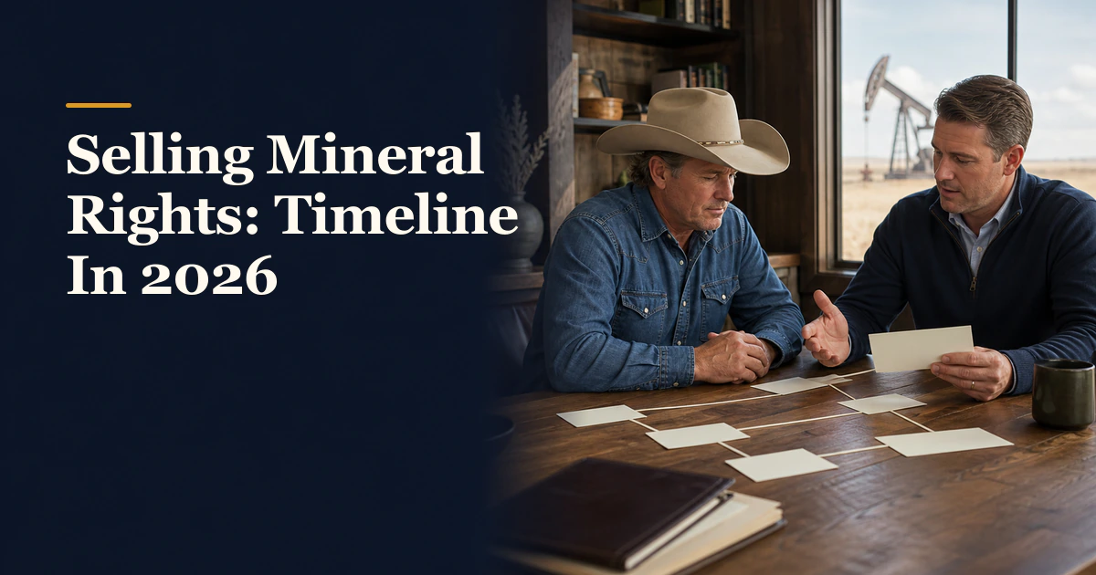 An owner reviews a dependency calendar beside “Selling Mineral Rights: Timeline In 2026”.
