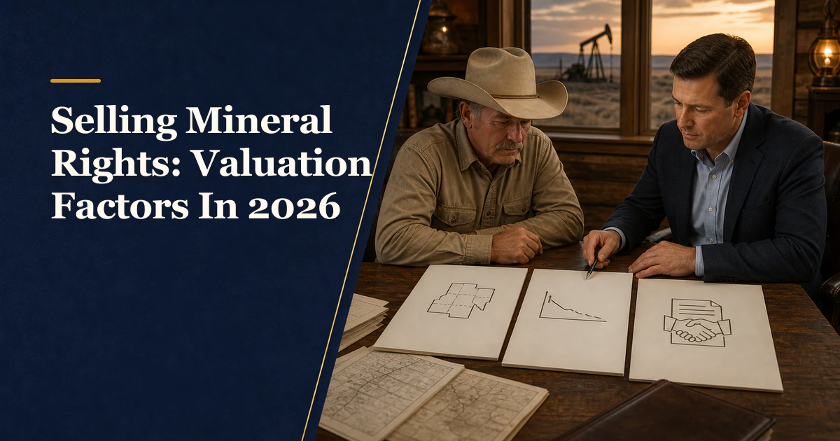 An owner reviews a three-part valuation register beside “Selling Mineral Rights: Valuation Factors In 2026”.