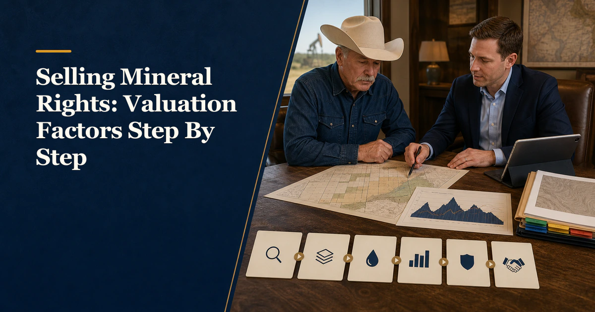 A mineral owner follows a controlled workflow beside “Selling Mineral Rights: Valuation Factors Step By Step”.