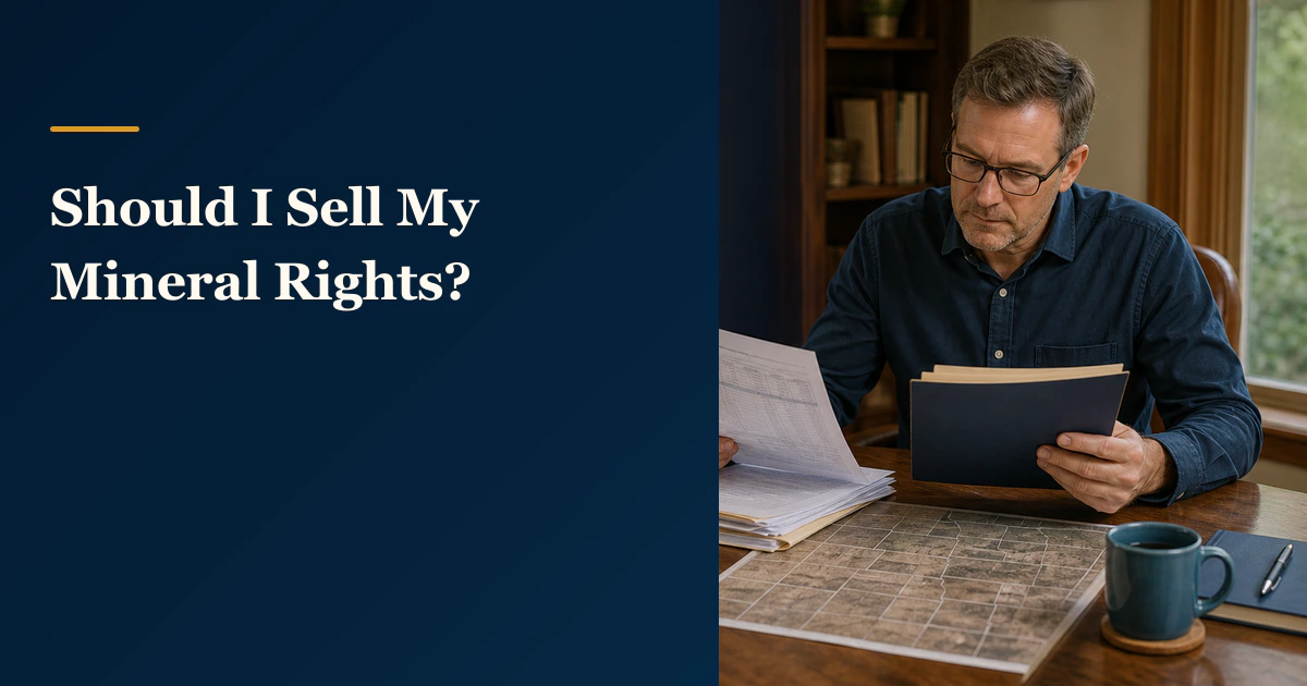 A mineral owner compares a royalty statement and a sale folder beside “Should I Sell My Mineral Rights?”.