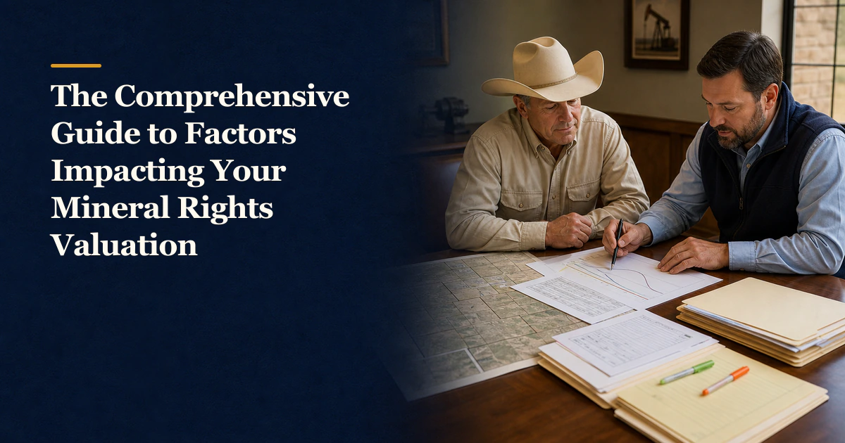 An owner and underwriter compare inputs beside “The Comprehensive Guide to Factors Impacting Your Mineral Rights Valuation”.