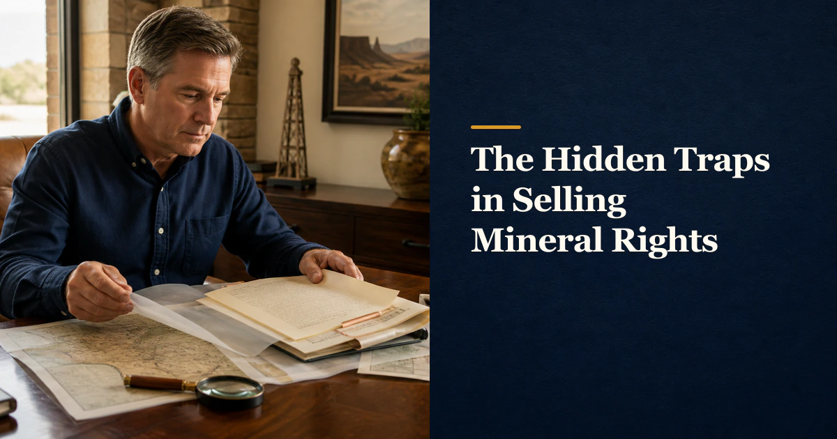 A mineral owner reviews an agreement beside “The Hidden Traps in Selling Mineral Rights”.