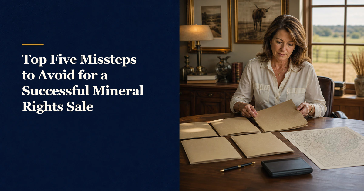 A mineral owner organizes five folders beside “Top Five Missteps to Avoid for a Successful Mineral Rights Sale”.