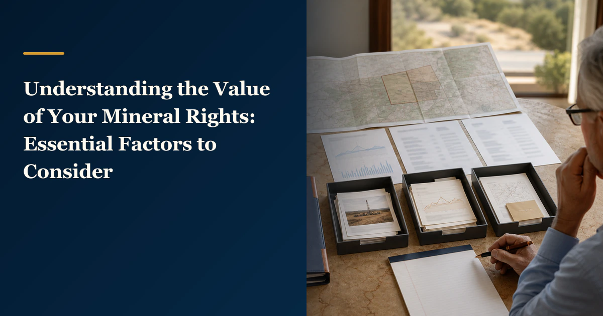 Mineral-owner evidence screen with the title “Understanding the Value of Your Mineral Rights: Essential Factors to Consider”.