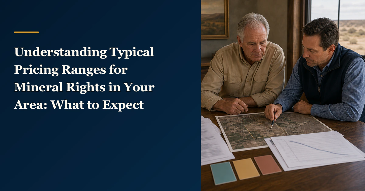 The titled guide “Understanding Typical Pricing Ranges for Mineral Rights in Your Area: What to Expect” beside two reviewers.