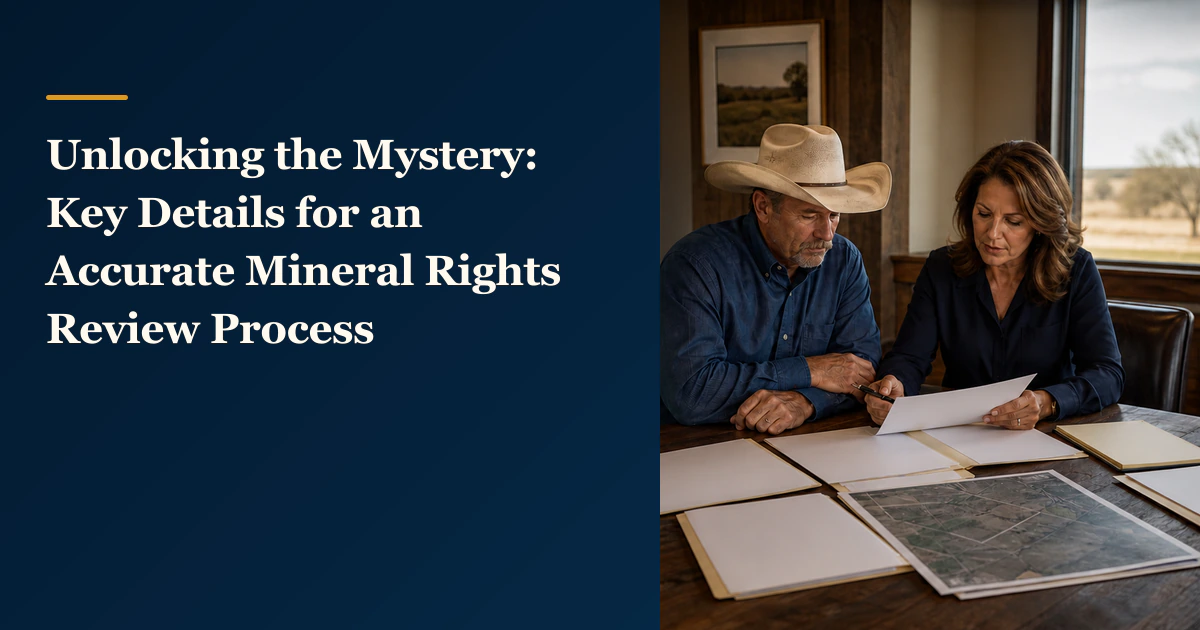 Mineral owners reviewing records beside “Unlocking the Mystery: Key Details for an Accurate Mineral Rights Review Process”.