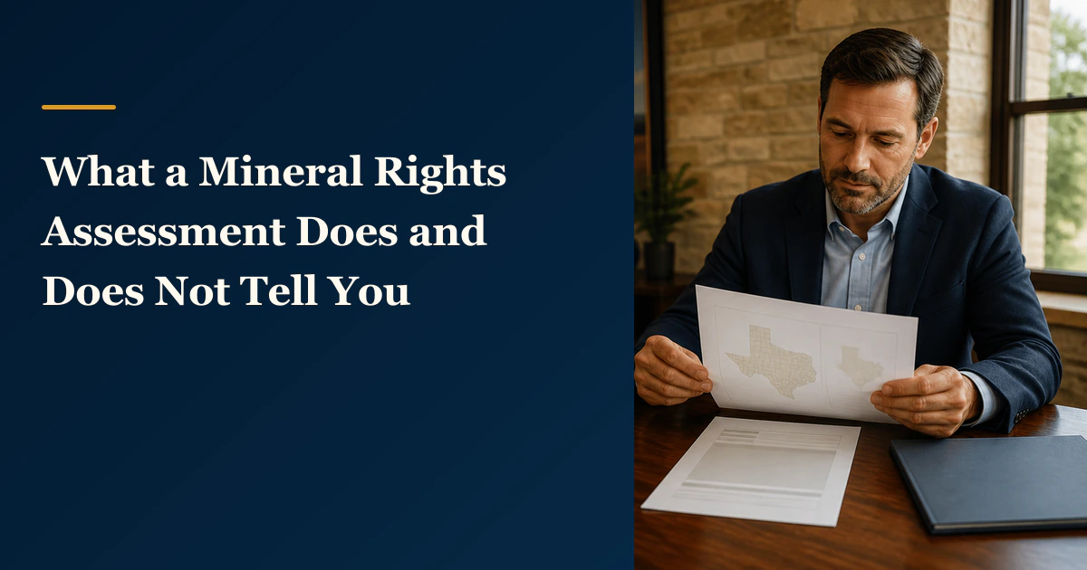 An analyst reviews a packet beside “What a Mineral Rights Assessment Does and Does Not Tell You”.