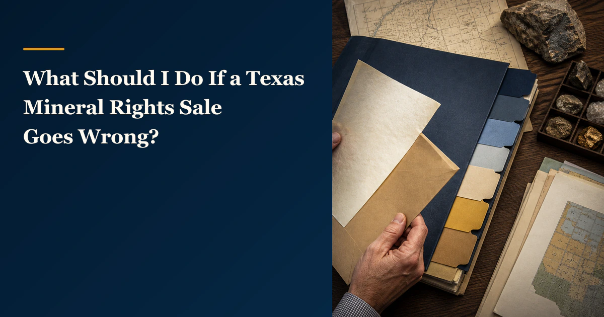 A hand holds an envelope beside a tabbed file and “What Should I Do If a Texas Mineral Rights Sale Goes Wrong?”.