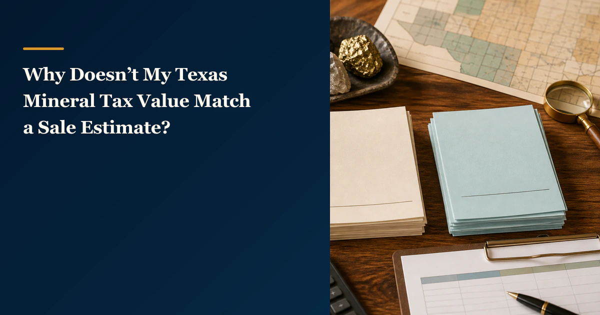 Two document stacks sit beside a parcel map and “Why Doesn’t My Texas Mineral Tax Value Match a Sale Estimate?”.