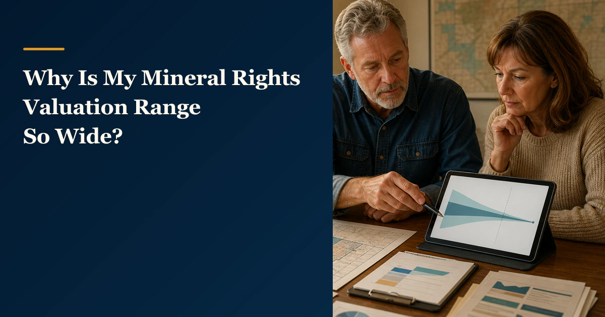 Two people review a fan-shaped valuation chart beside “Why Is My Mineral Rights Valuation Range So Wide?”.
