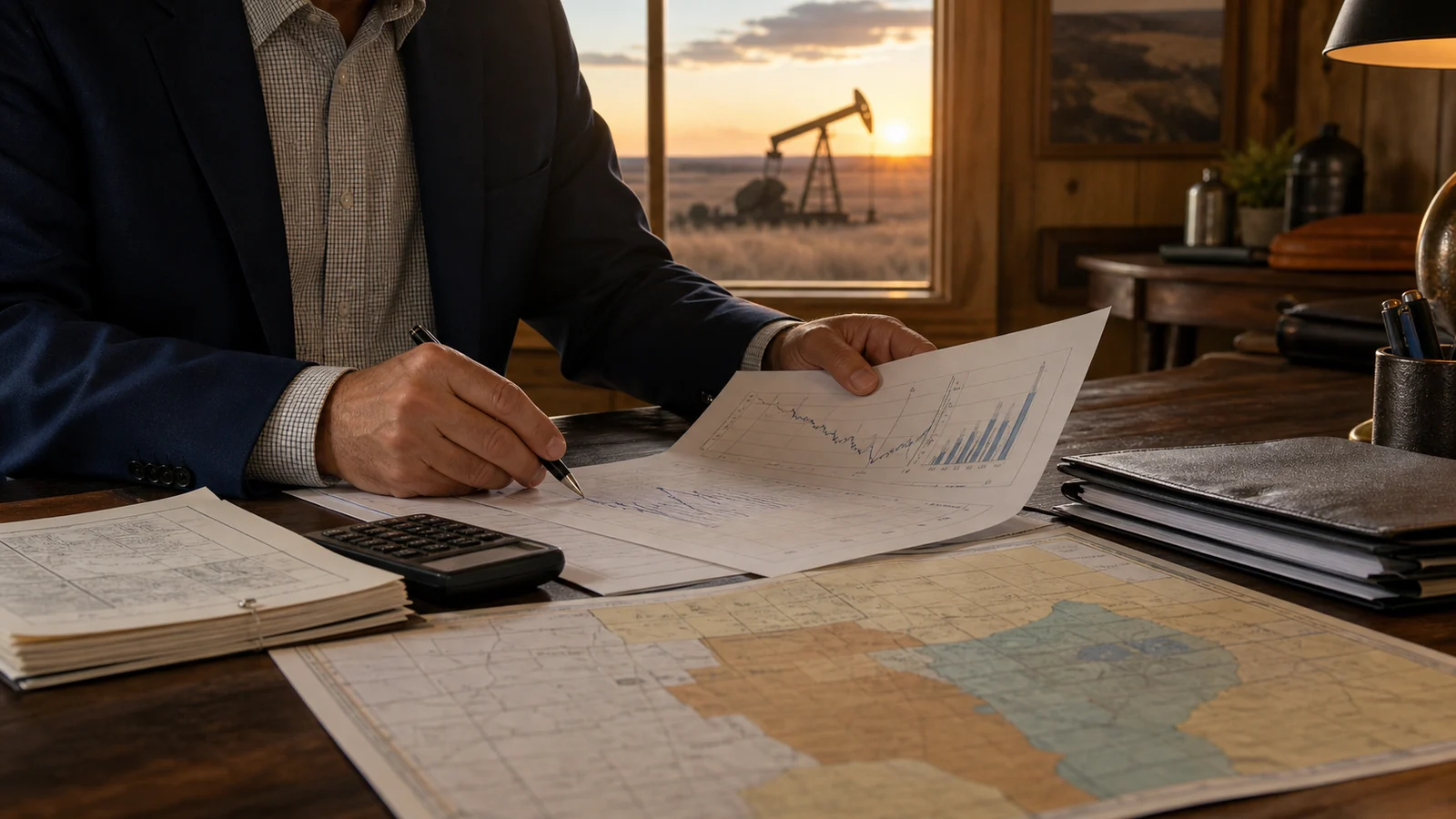 An analyst reviewing production charts, ownership records, and a county map with a Texas oilfield in the background.