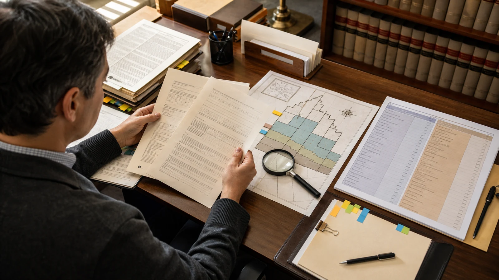 A title reviewer examining mineral ownership documents and highlighted record findings.