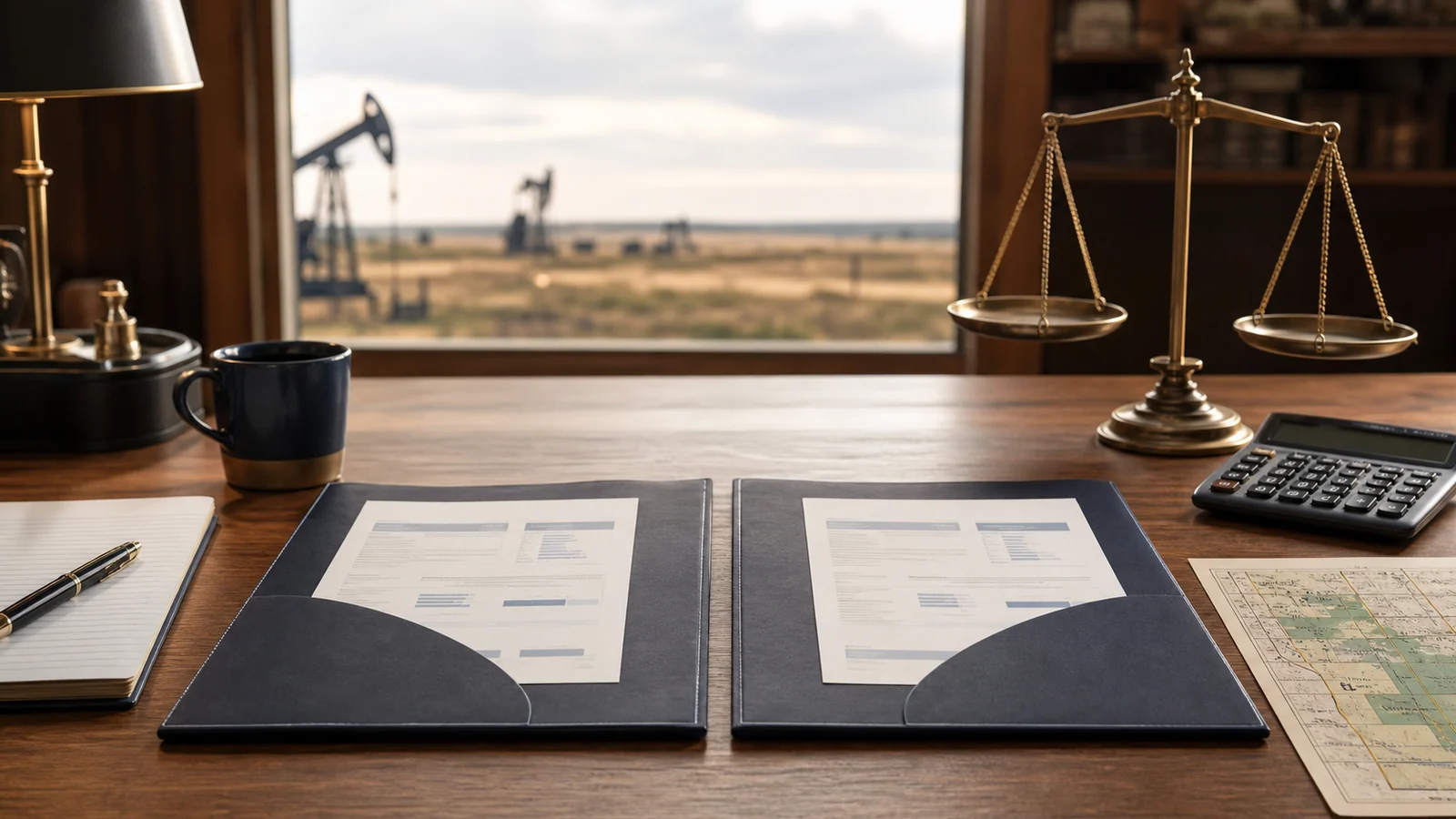 Two mineral-rights offer folders arranged side by side with a scale, calculator, and property map.