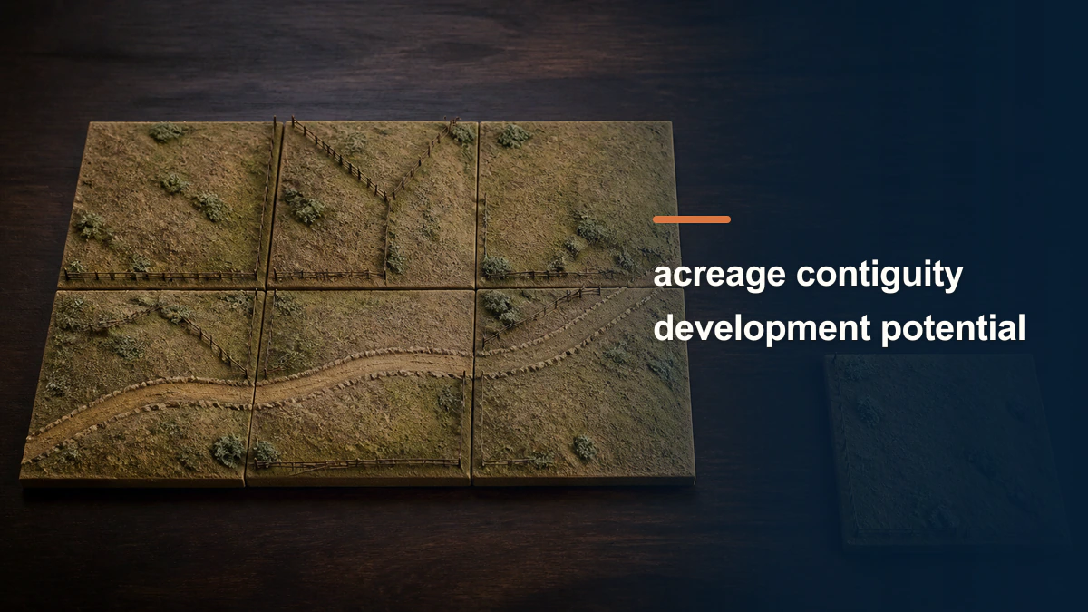Connected terrain-model tiles and one separate tile with the phrase “acreage contiguity development potential”.
