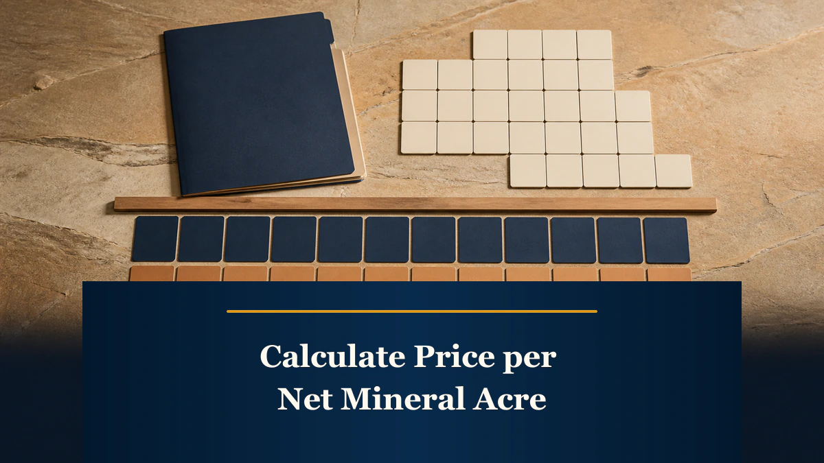 A top-down offer worksheet uses unmarked acreage tiles above “Calculate Price per Net Mineral Acre”.