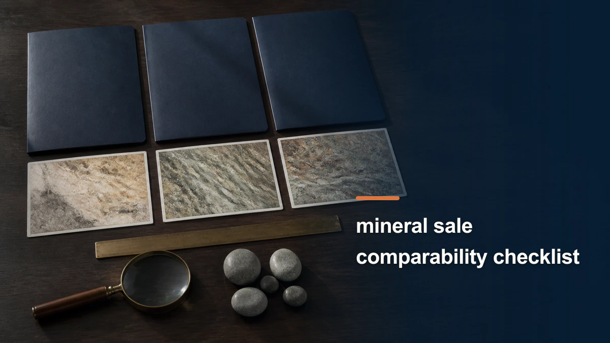 Distinct mineral-sale comparison workspace with the phrase “mineral sale comparability checklist”.