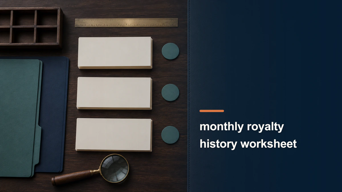 Distinct monthly statement workspace labeled “monthly royalty history worksheet”.