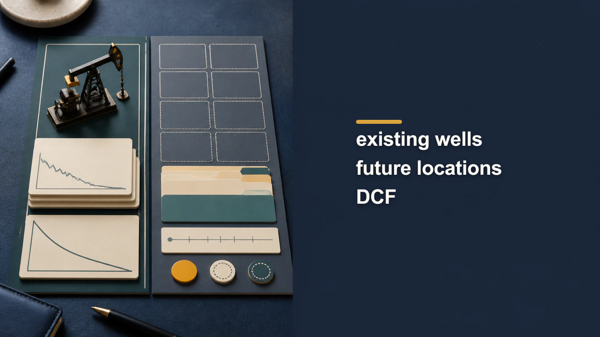 Distinct scenario-board image labeled “existing wells future locations DCF”.