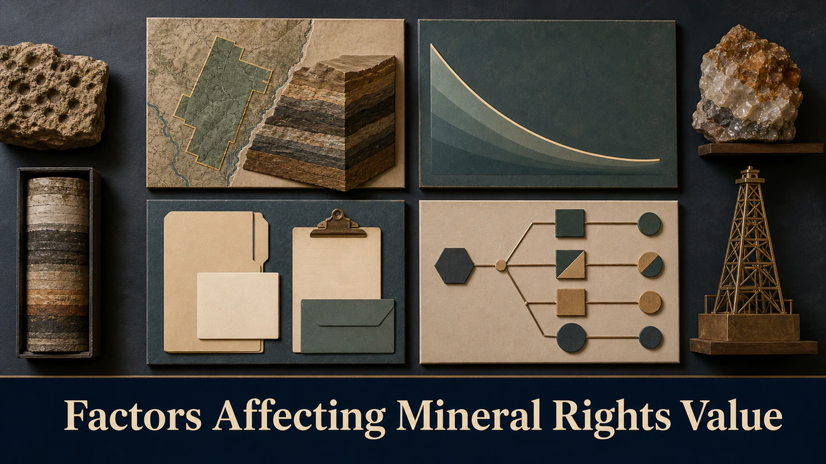 Distinct evidence board labeled “Factors Affecting Mineral Rights Value”.