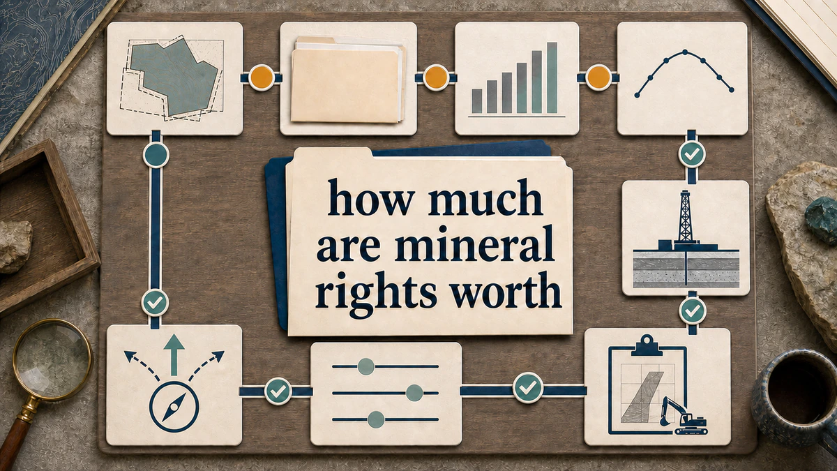 Distinct valuation decision-gate board labeled “how much are mineral rights worth”.