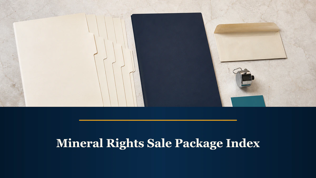 Organized document folders and tabs appear above “Mineral Rights Sale Package Index”.