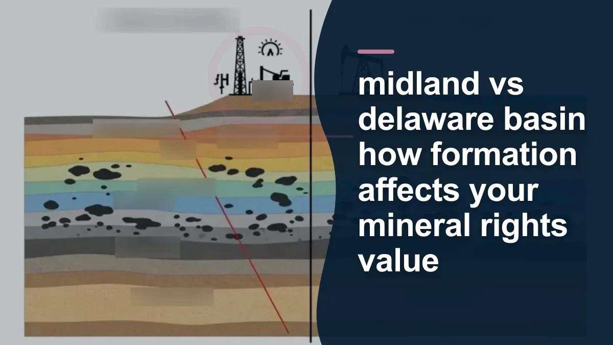 Mineral-rights illustration highlighting “midland vs delaware basin how formation affects your mineral rights value”.