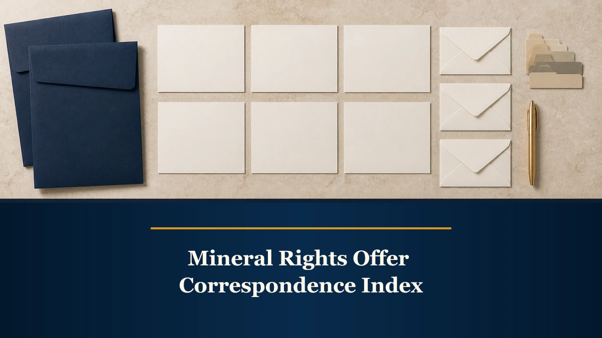 Blank correspondence cards and folders appear above “Mineral Rights Offer Correspondence Index”.