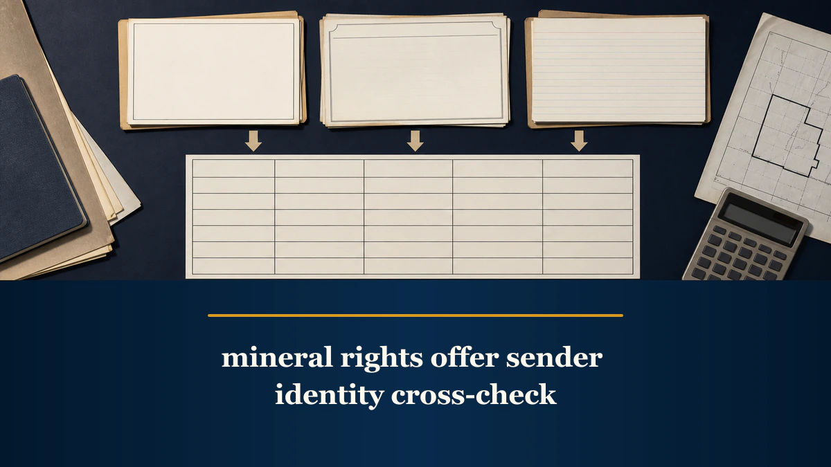 Blank offer, entity, and contact cards form a matrix above “mineral rights offer sender identity cross-check”.
