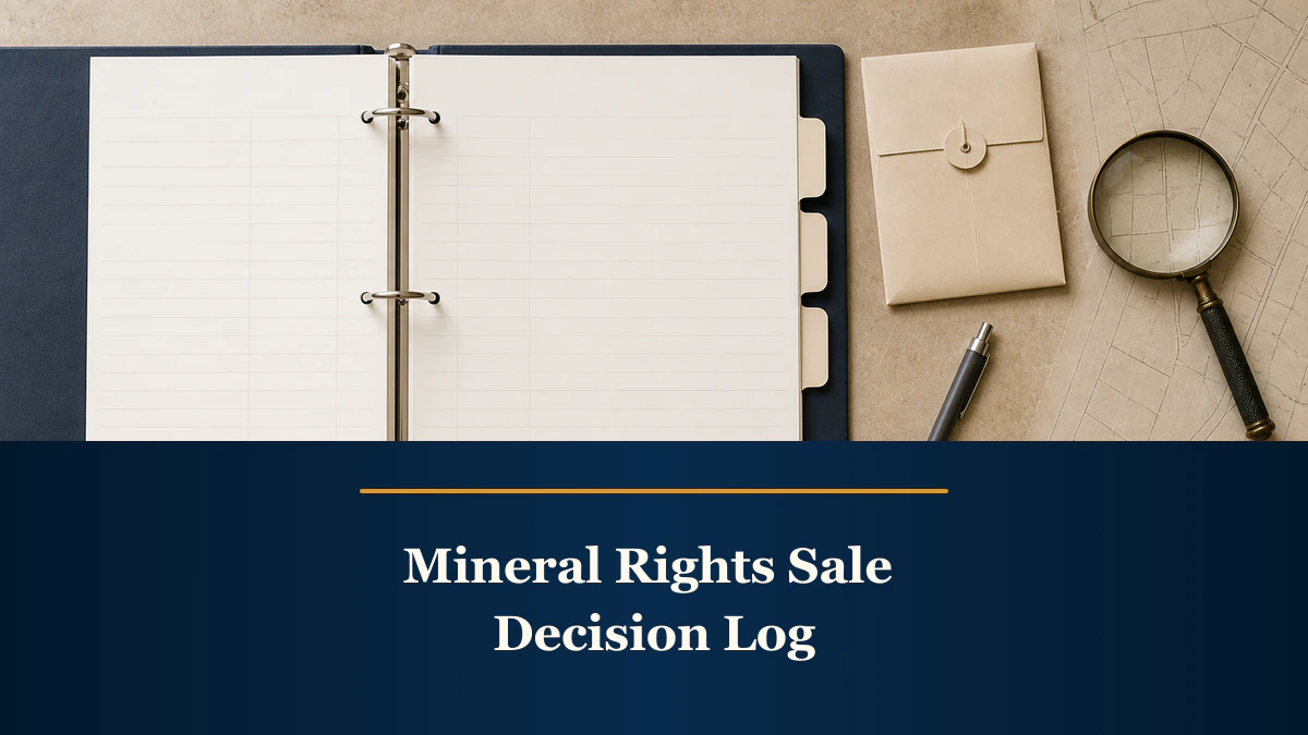 An open blank ledger and document tools appear above “Mineral Rights Sale Decision Log”.