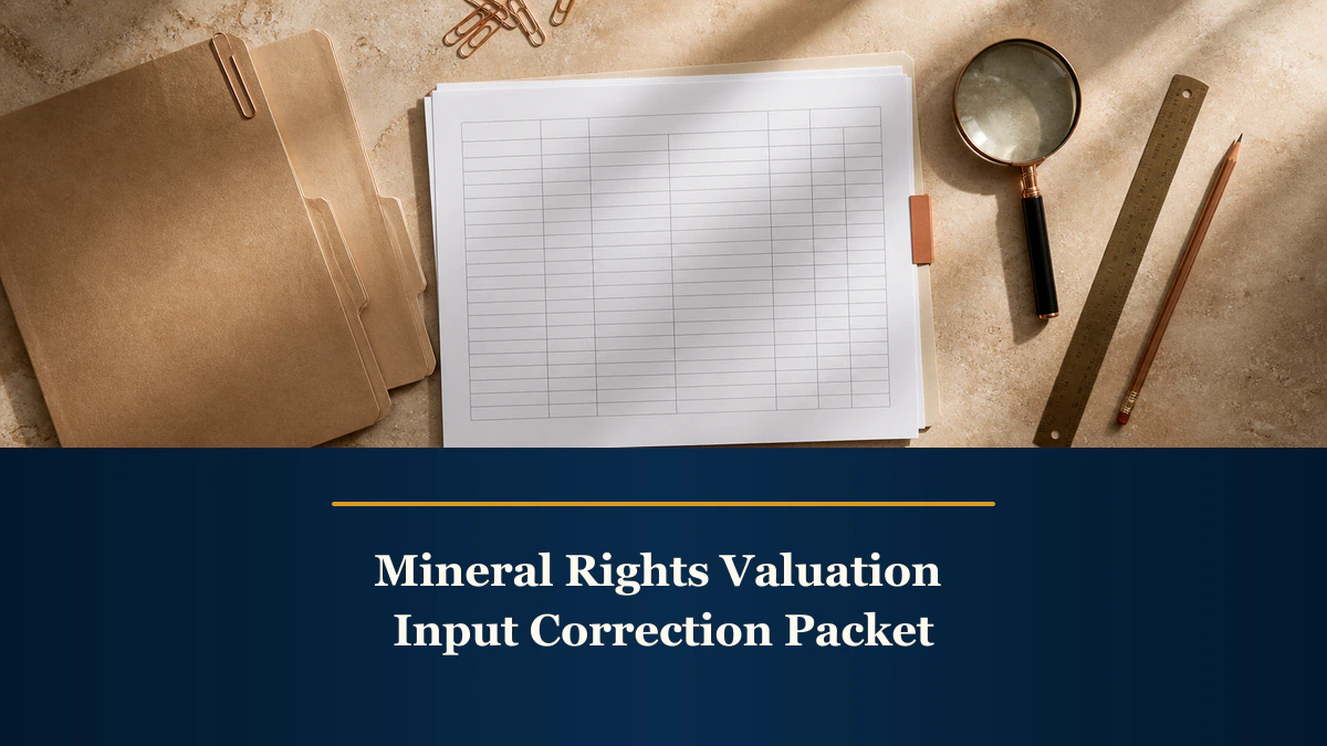 Blank correction fields and source markers appear above “Mineral Rights Valuation Input Correction Packet”.