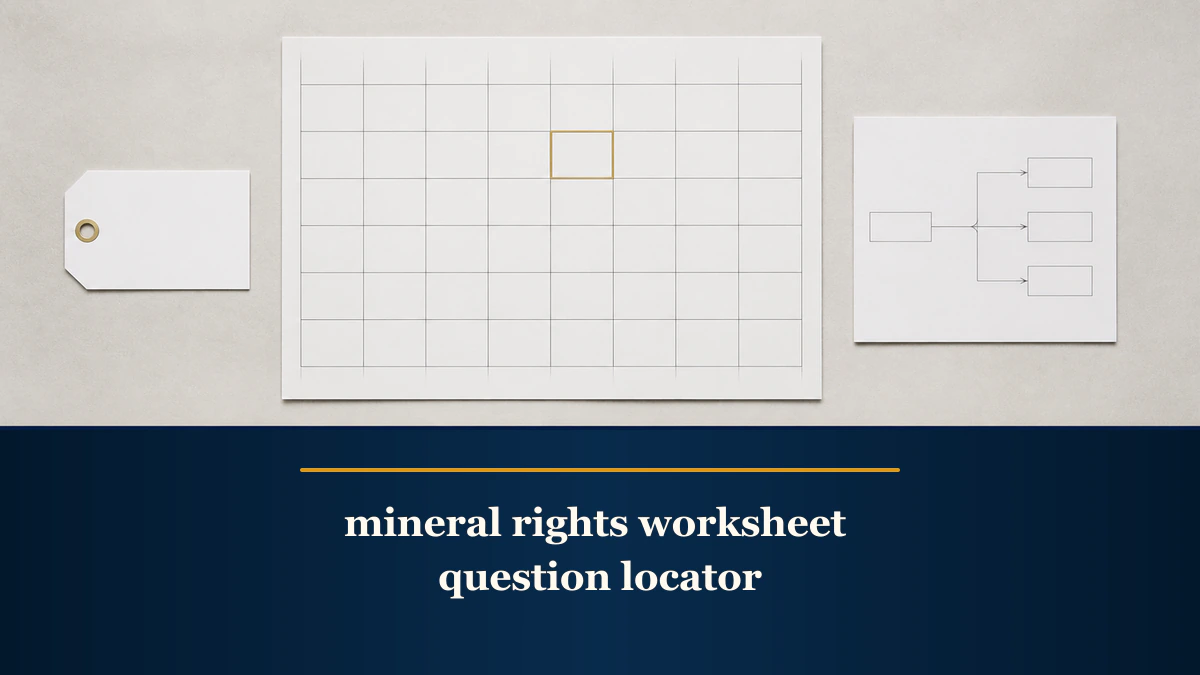 A top-down locator board outlines one blank worksheet cell beside a source tag and question-routing card.
