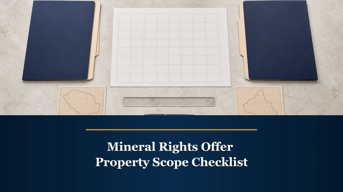 Two offer folders frame a blank crosswalk worksheet above “Mineral Rights Offer Property Scope Checklist”.