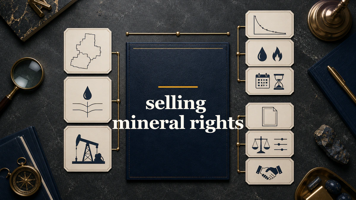 Distinct evidence-card artwork labeled “selling mineral rights”.