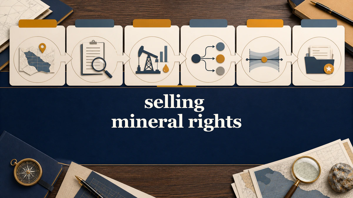 Distinct six-stage valuation-workflow artwork labeled “selling mineral rights”.
